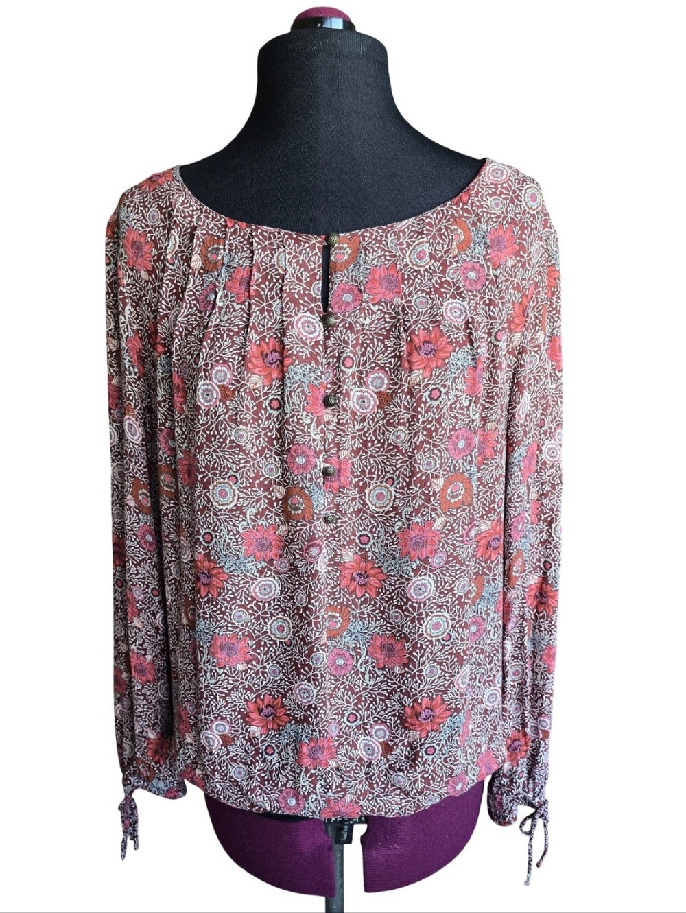 Lucky Brand Floral Long-Sleeve Peasant Blouse in Rose and Brown Size M Boho